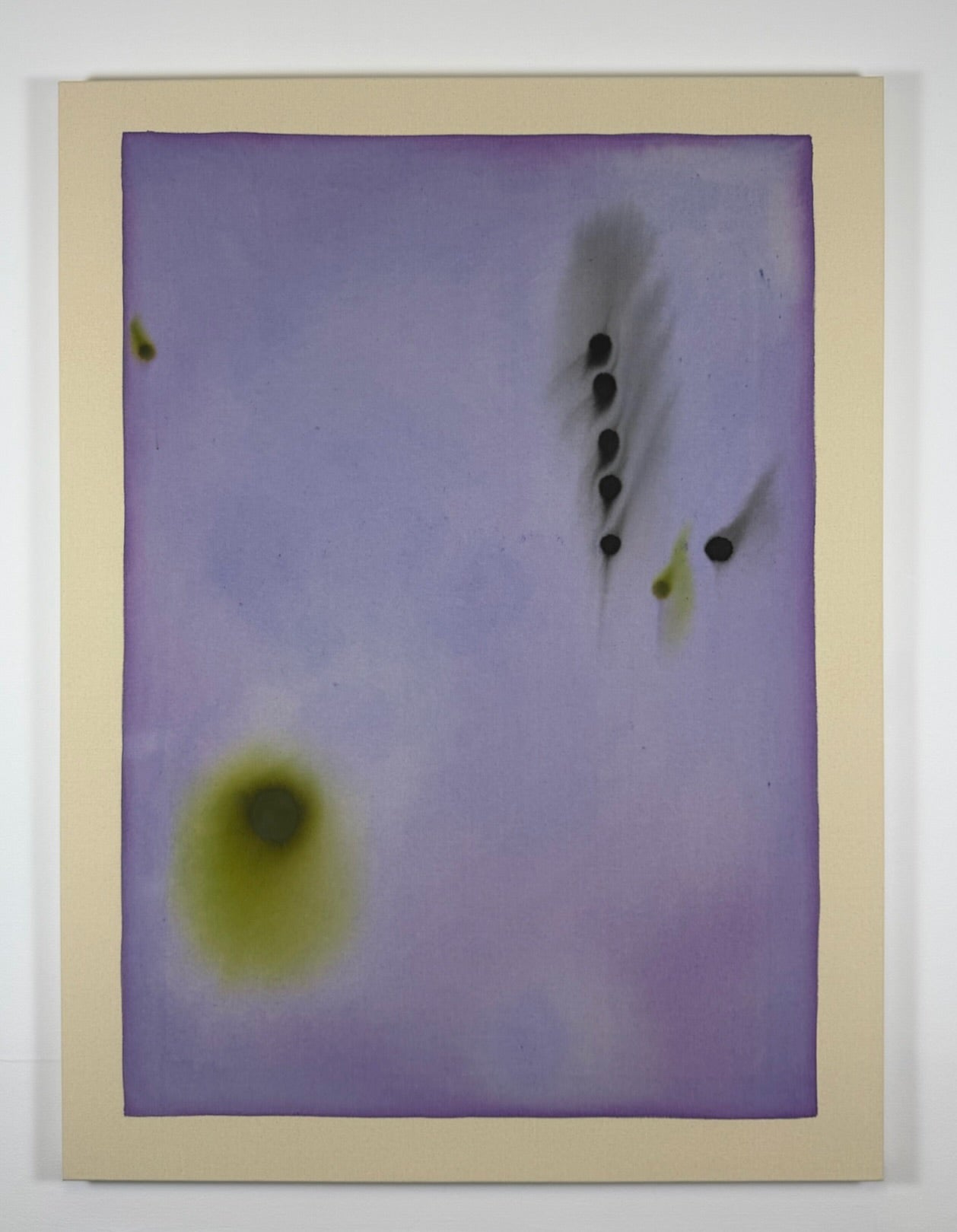 Abstract art piece with black and green shapes on a purple background.