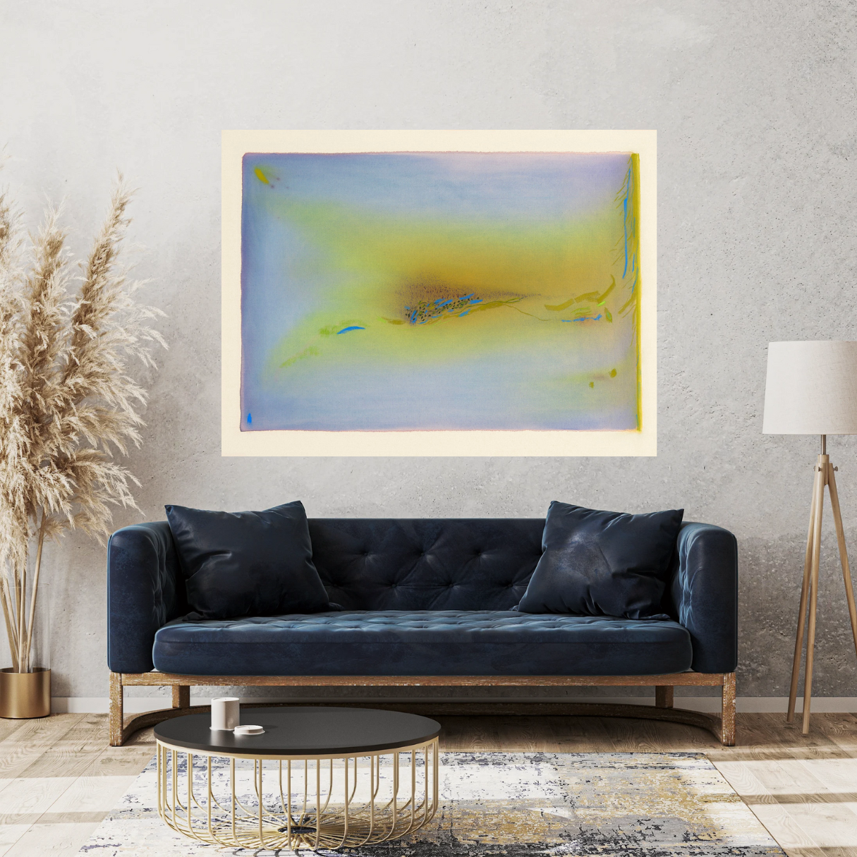 Modern living room with a blue sofa, abstract painting, and decorative elements.