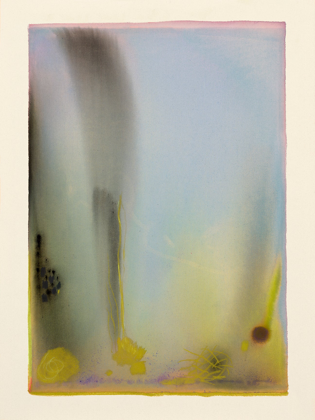 Abstract artwork with blurred shapes and colors on a light background
