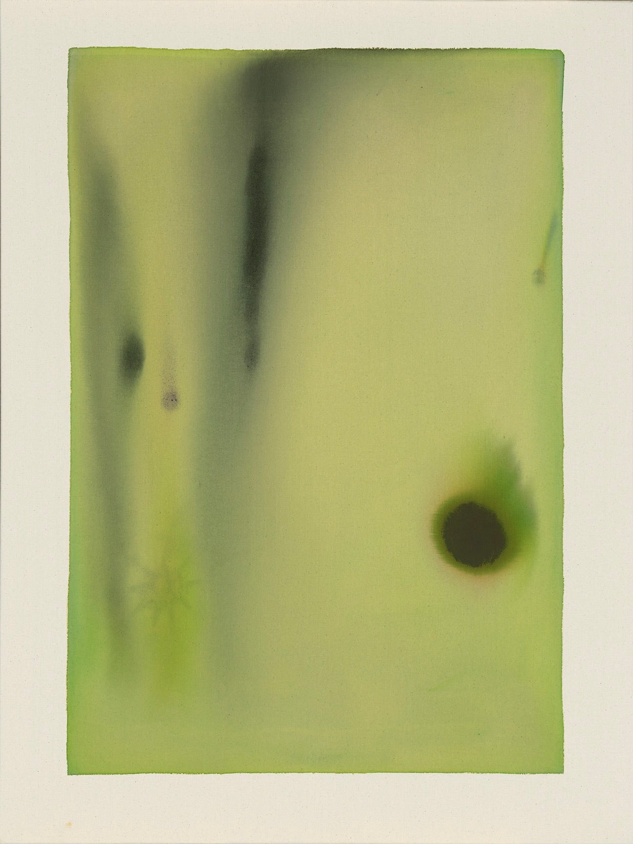 Abstract art piece with a green background and dark circular shapes