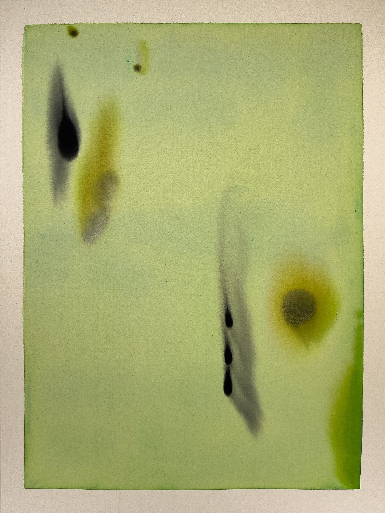 Abstract art piece with black and yellow shapes on a green background