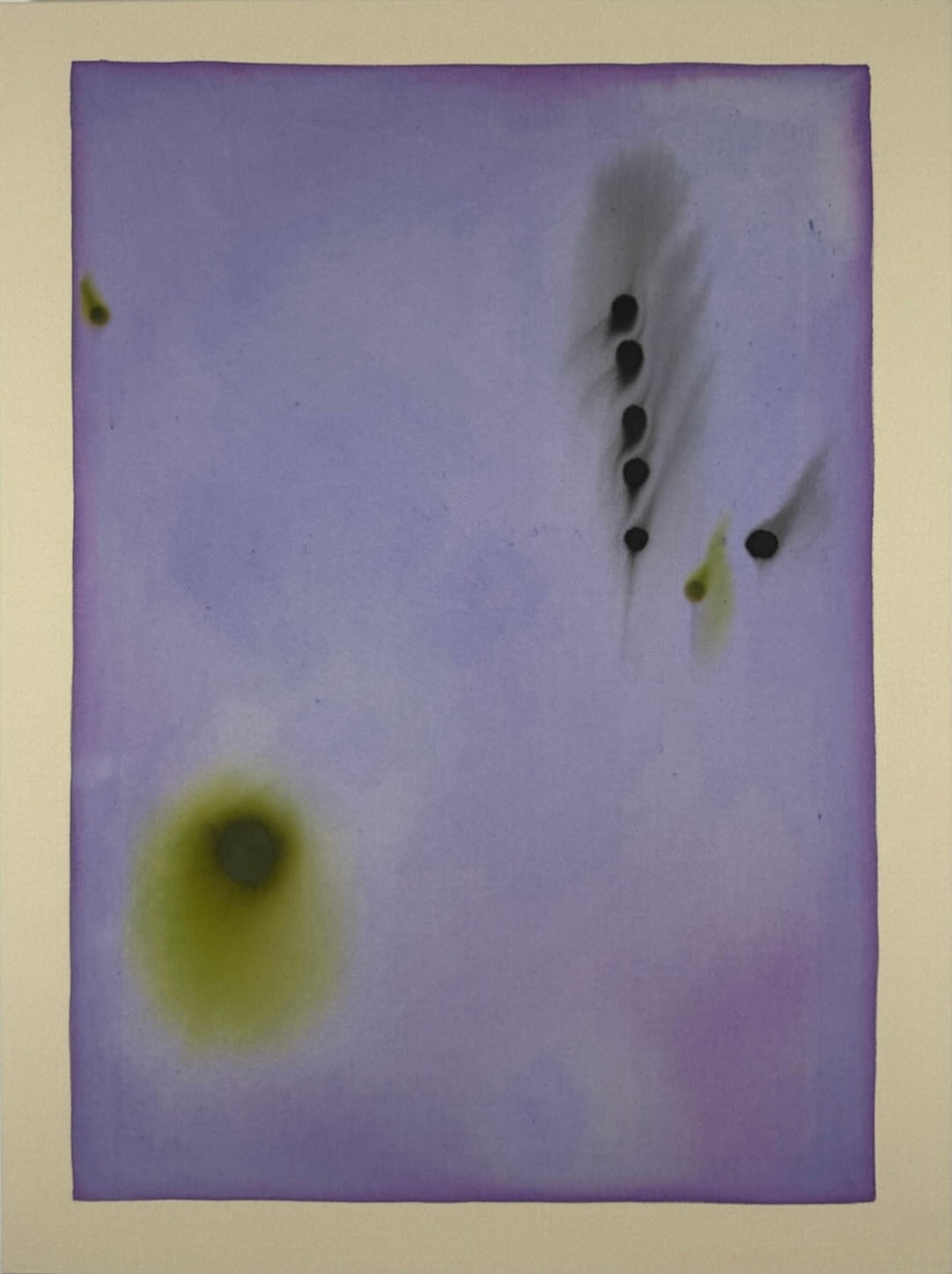 Abstract art with black and green shapes on a purple background