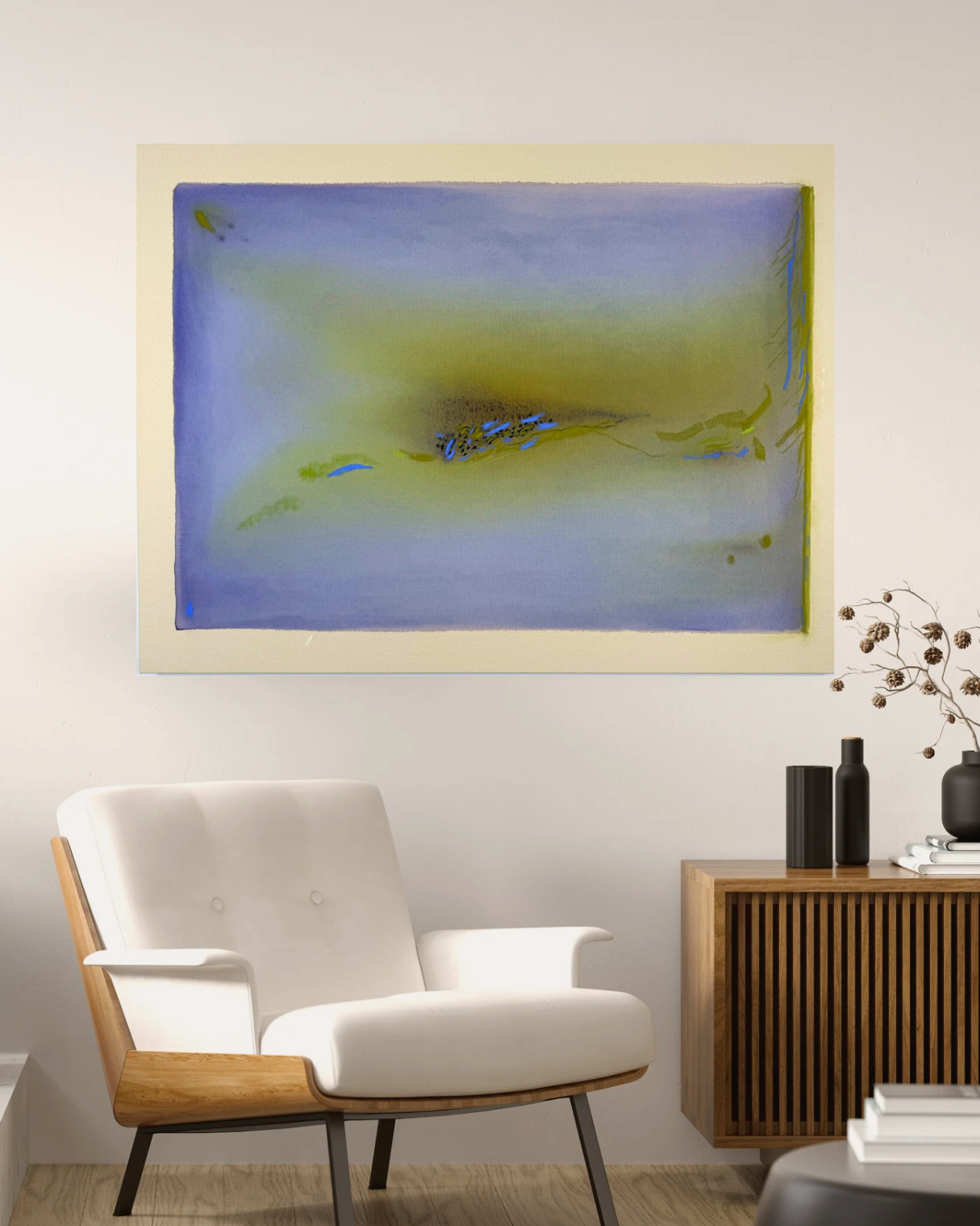 Abstract painting on a wall above a modern chair and side table.