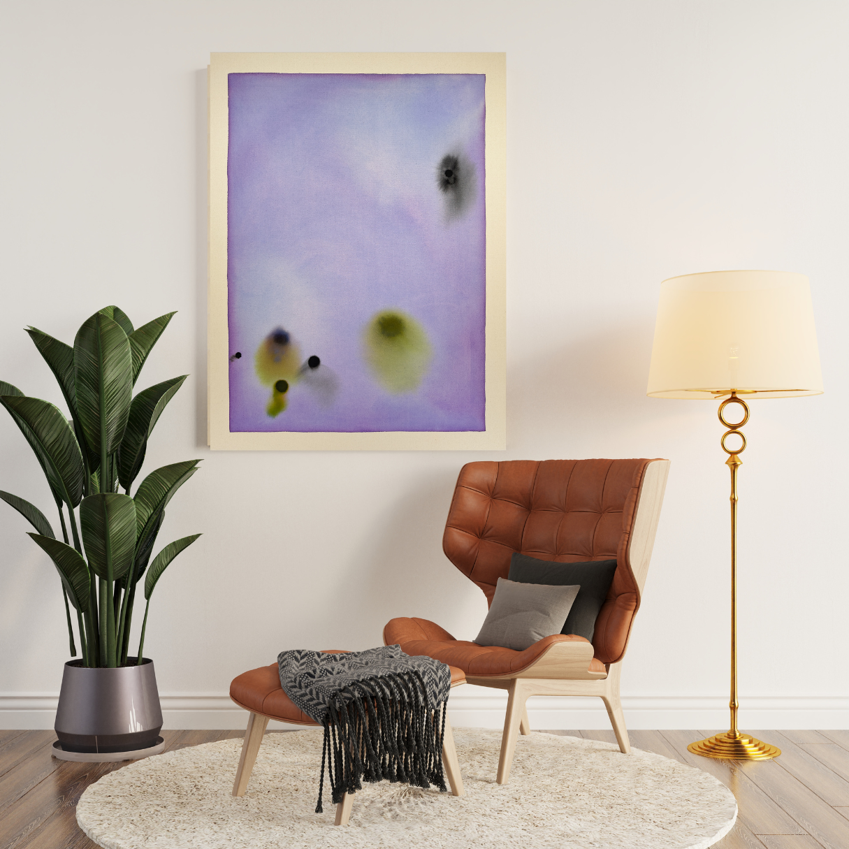 Living room with a brown chair, plant, and lamp