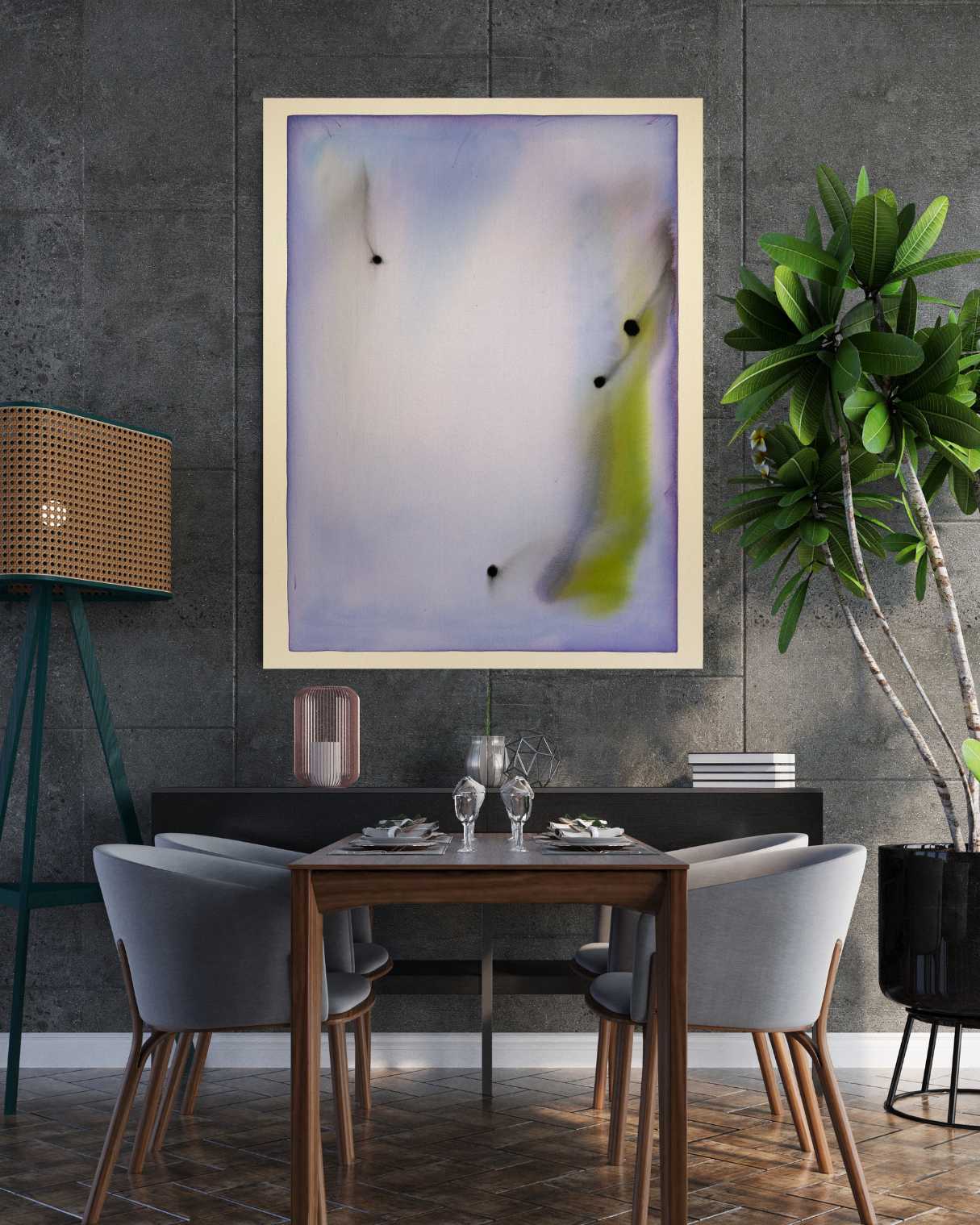 Dining room with a table, chairs, and a large abstract painting on the wall.
