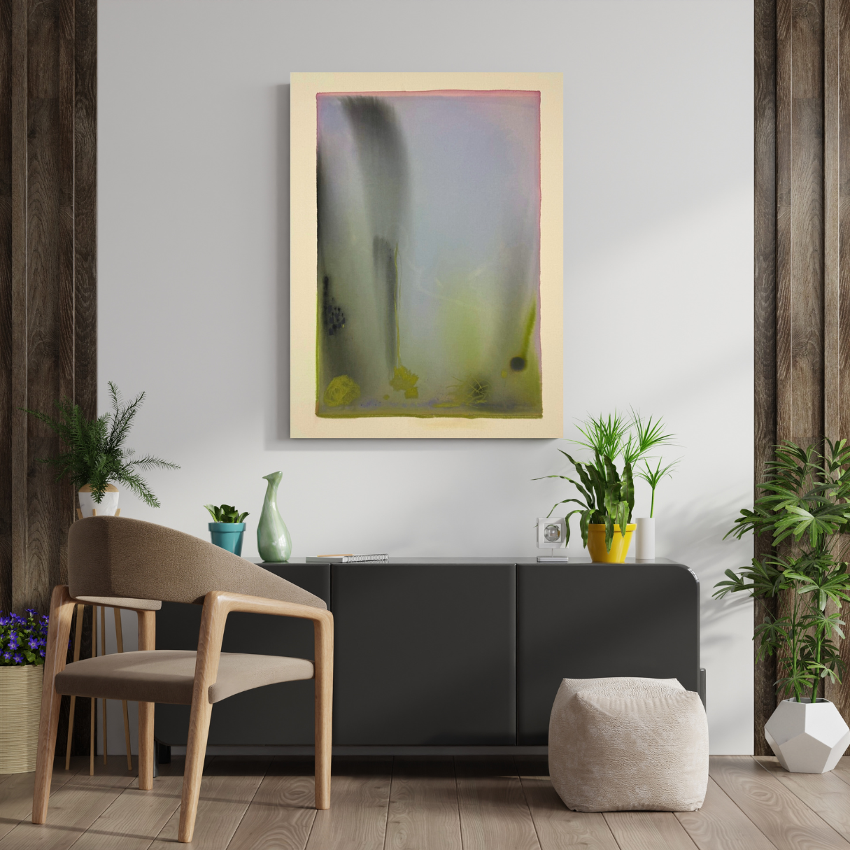 Modern interior with a black cabinet, wooden chair, and abstract art on a gray wall.
