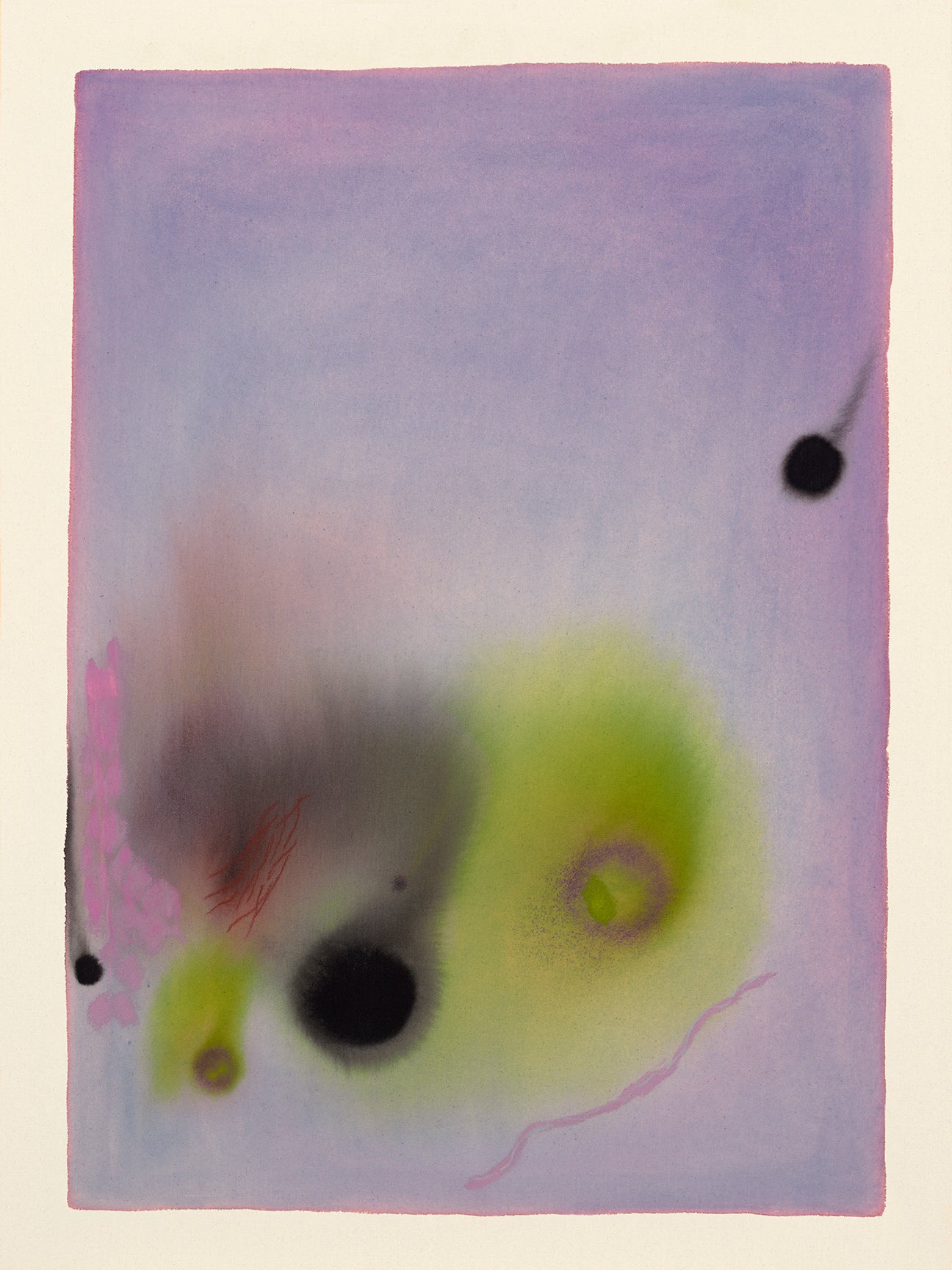 Abstract artwork with a central yellow circle and black dots on a light purple background