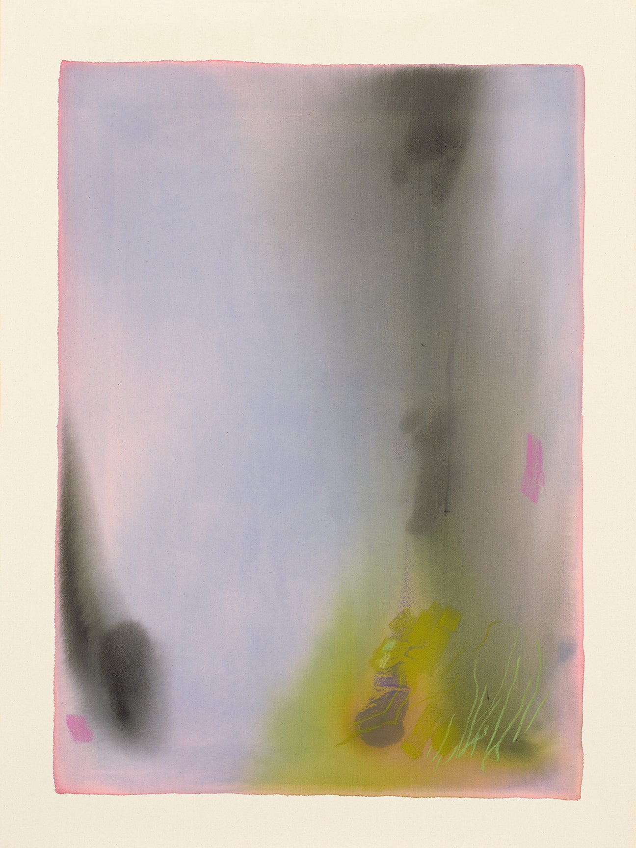 Abstract art piece with blurred shapes and colors on a light background