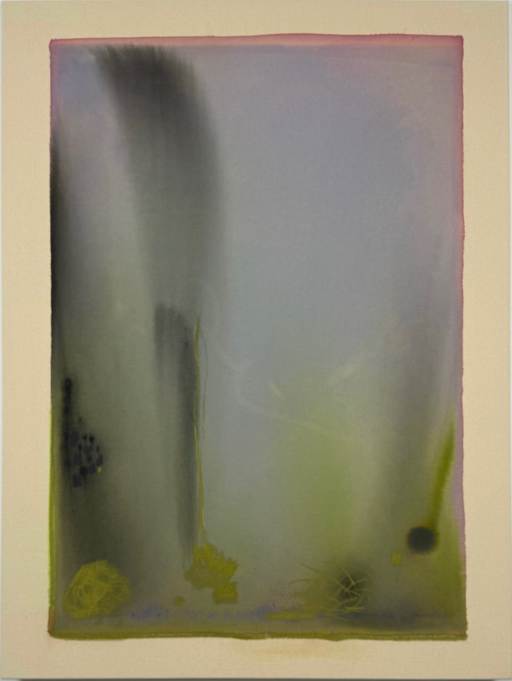Abstract artwork with blurred shapes and colors on a beige background