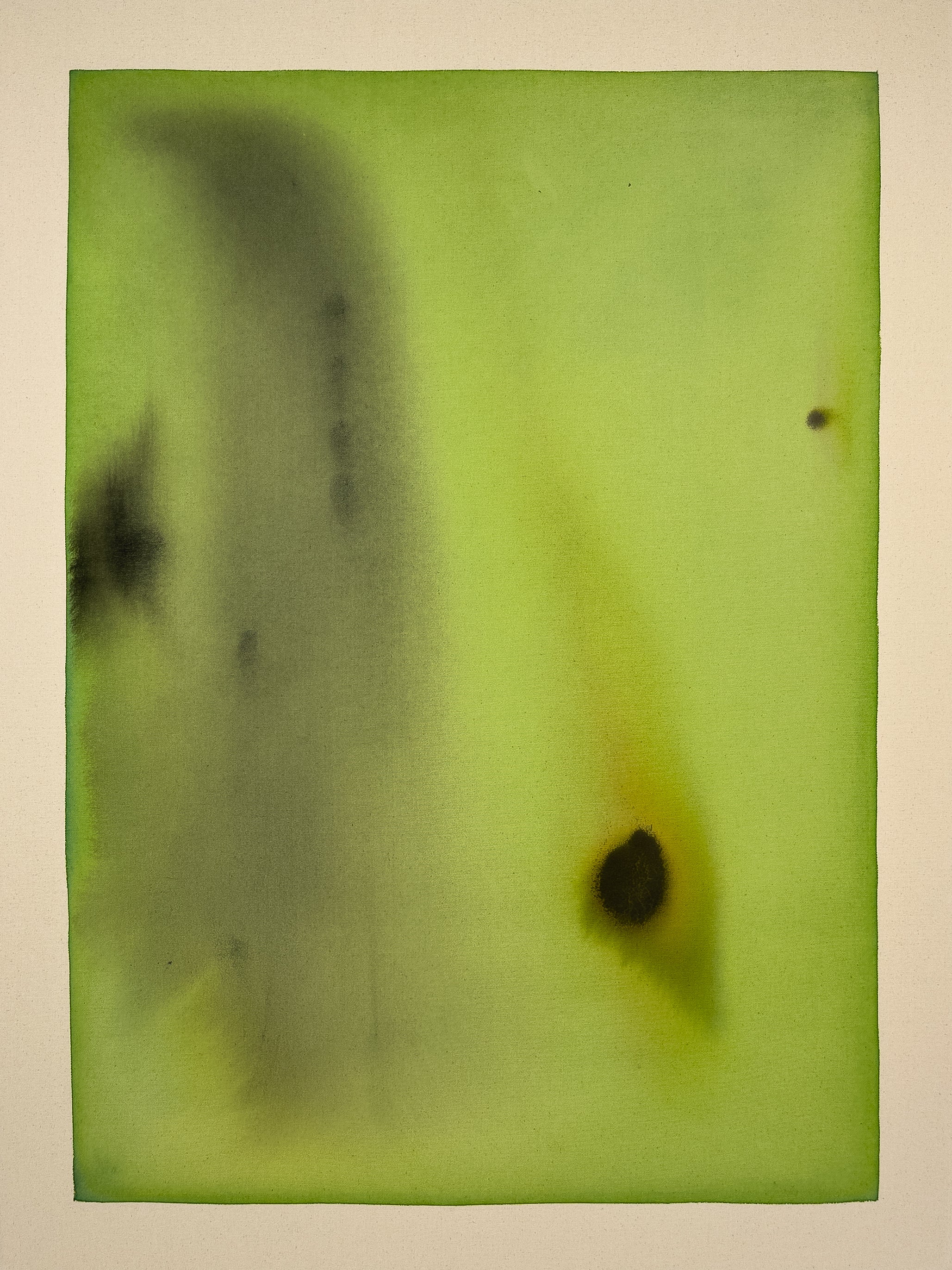 Abstract green and yellow painting with black spots on a beige background