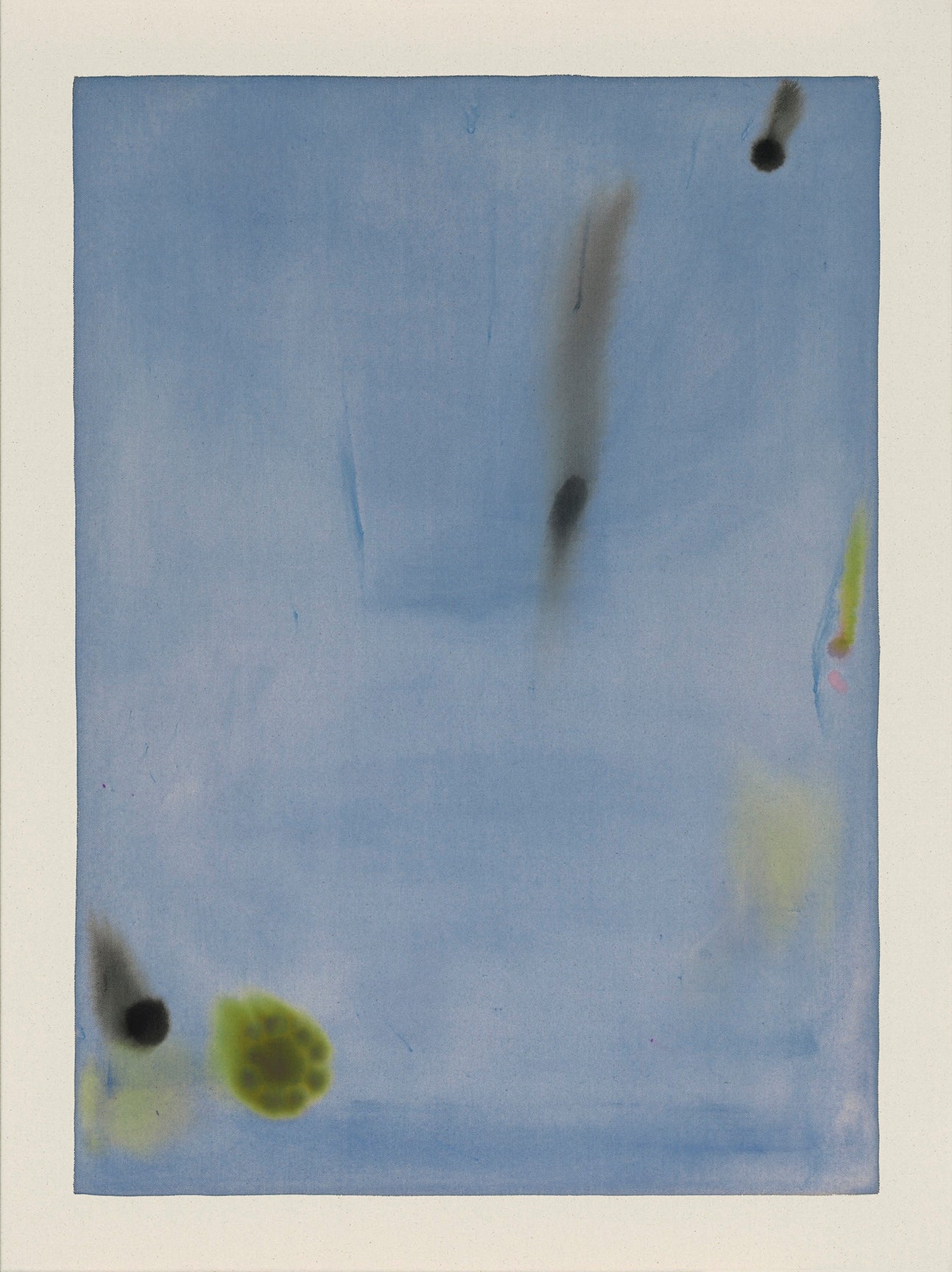 Abstract art piece with black and green shapes on a blue background.