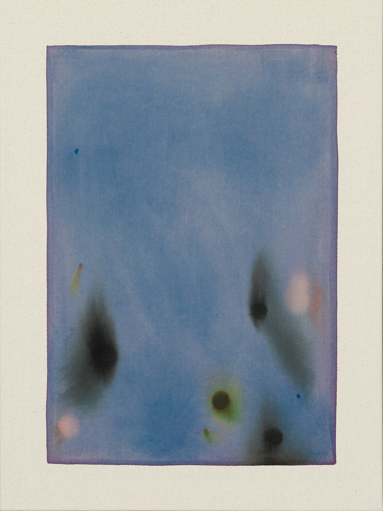 Abstract art with blue and black shapes on a light gray background