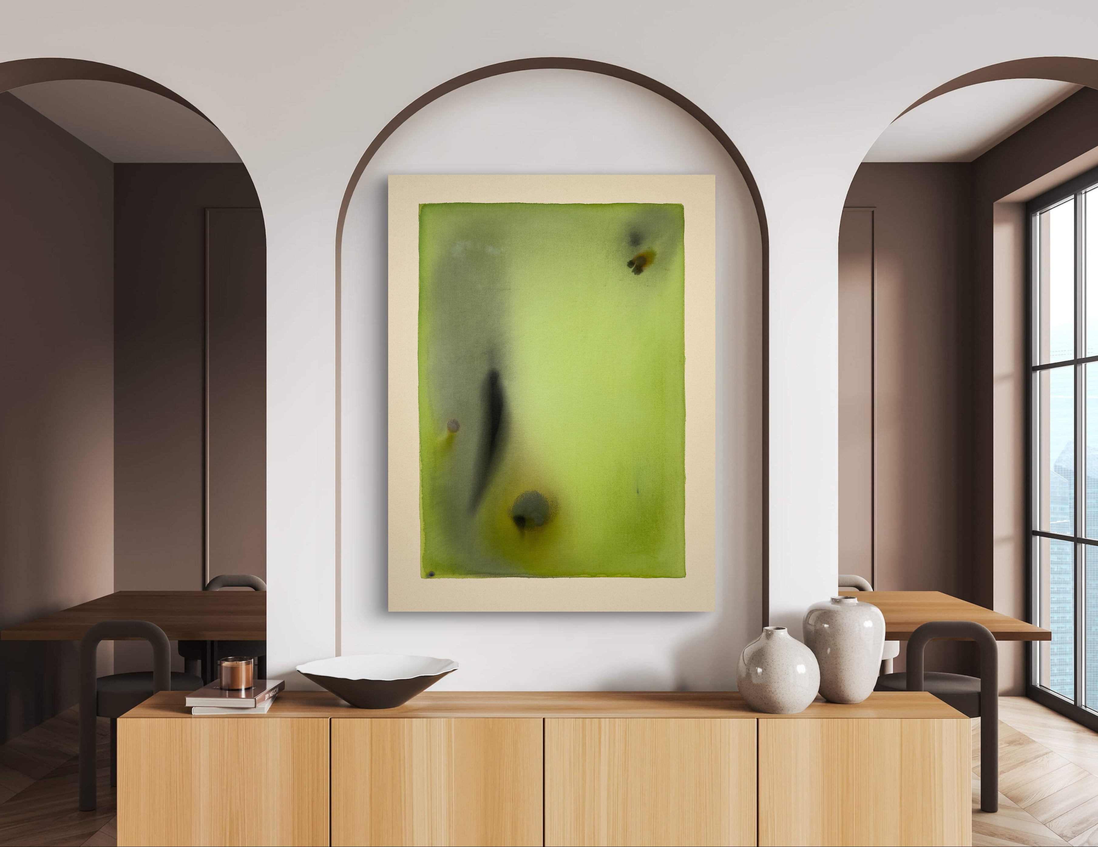 Modern interior with a abstract painting on the wall above a wooden cabinet.
