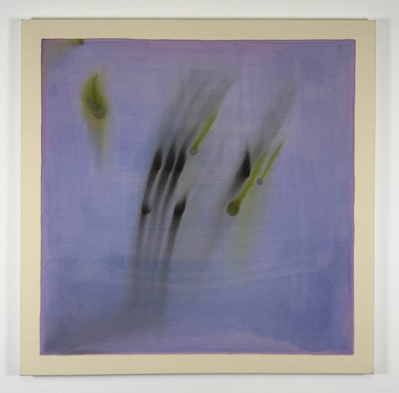 Abstract artwork with blurred shapes on a light purple background