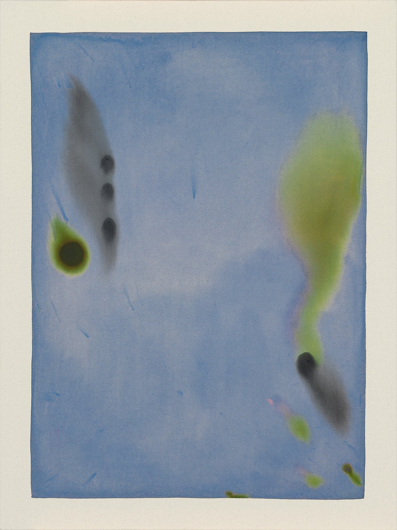 Abstract art with green and black shapes on a blue background