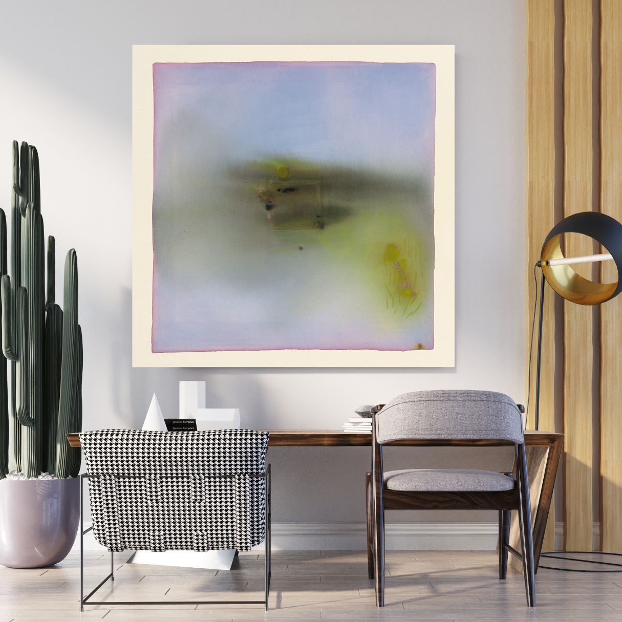 Modern interior with abstract art, chair, and cactus plant.