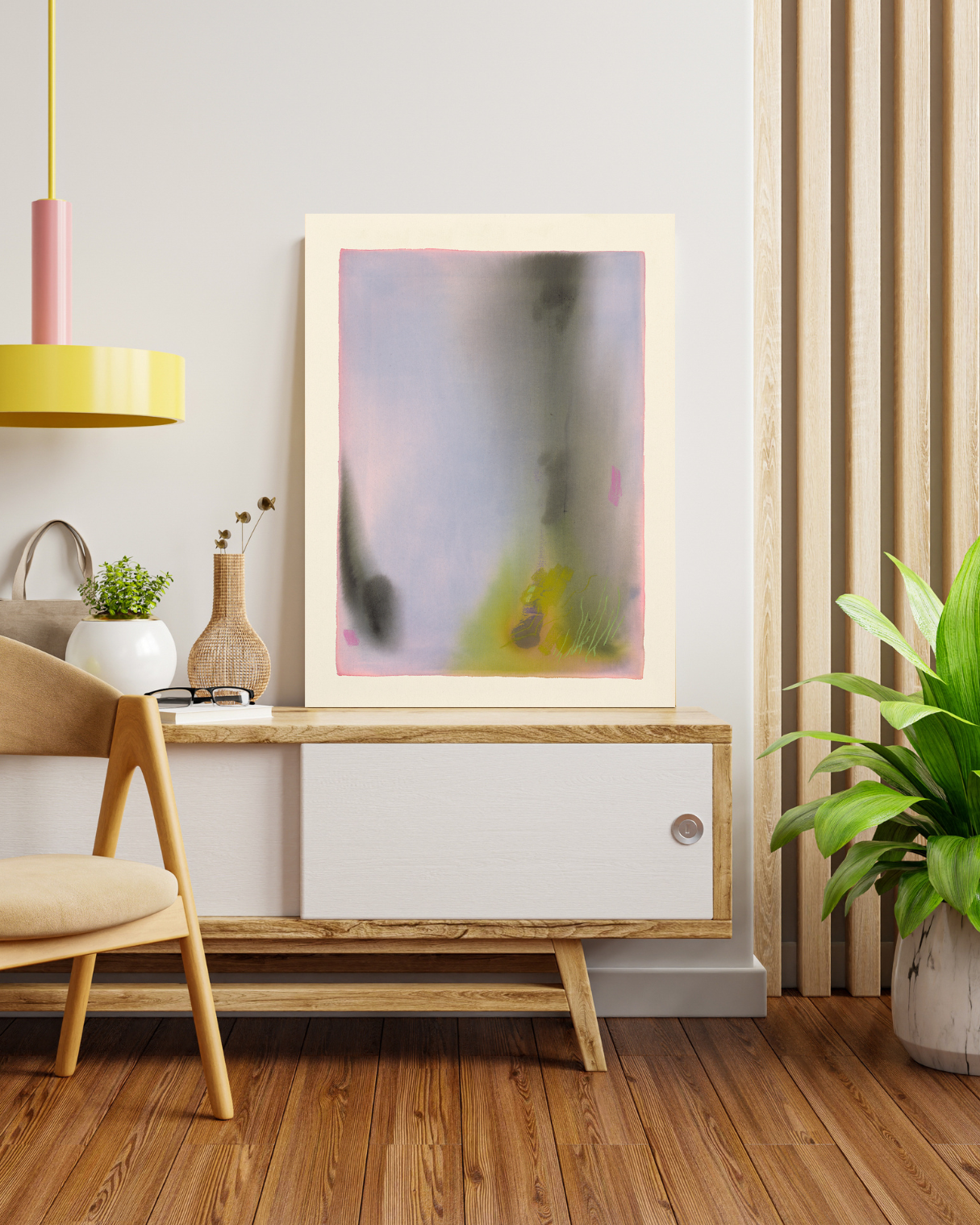 Modern interior with a wooden console table, abstract artwork, and decorative plants.